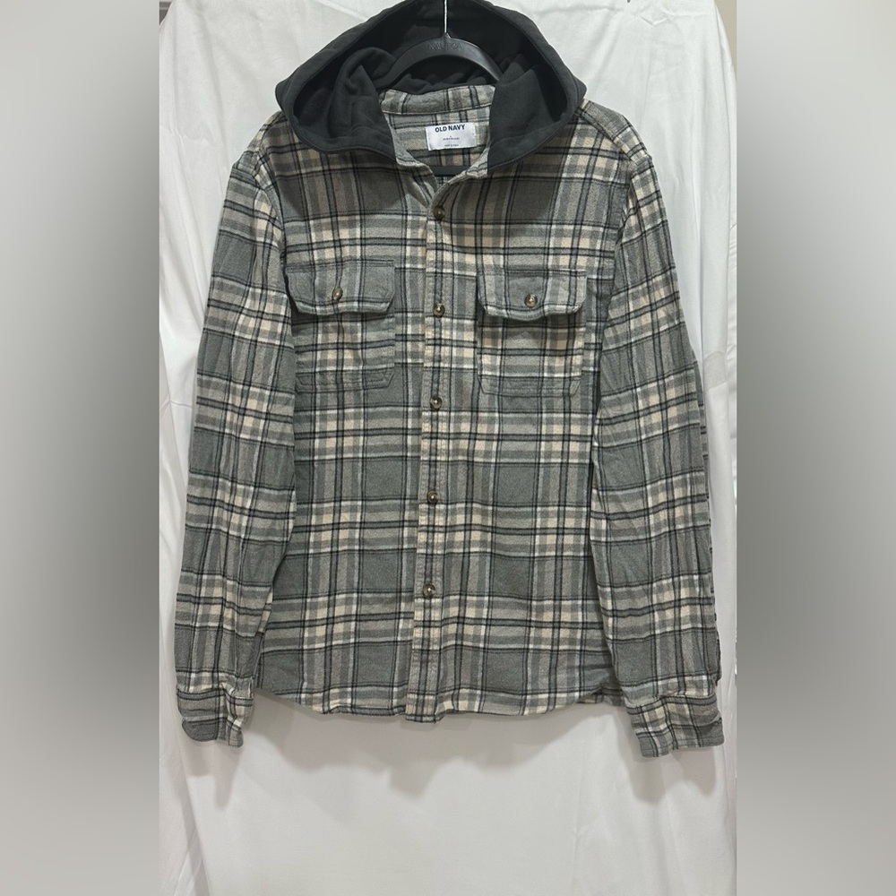 Old Navy Flannel Hoodie Adult Large Grey Cream Plaid Cotton Fall Men